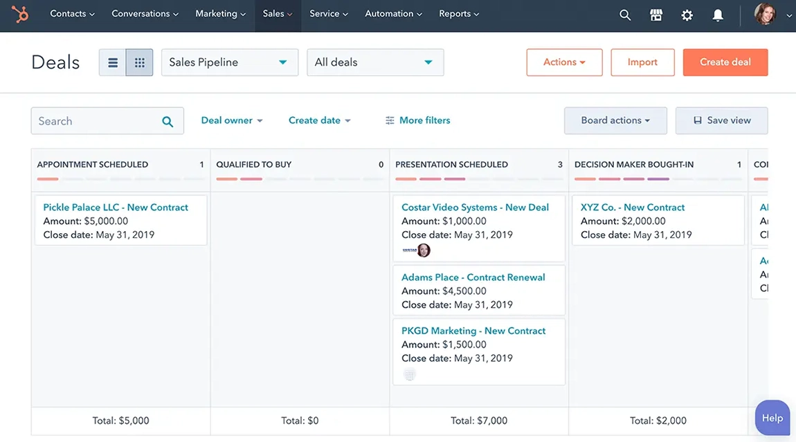 Screenshot of HubSpot deal index page with deals in various stages